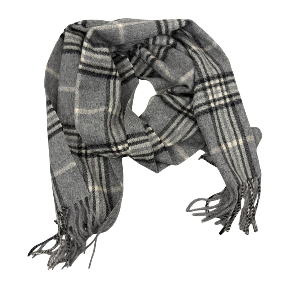 Enzo Mantovani Scarf Unisex OS Grey Plaid Wool Cashmere Blend Fringed Soft Warm